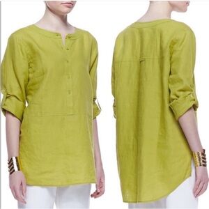 Eileen Fisher Irish Linen Tunic Top Button Front Long Sleeve Chartreuse Green L